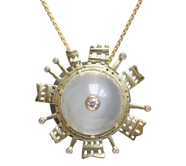 #M-35M (Sold)
“Lake City” pendant, 18KY, Moonstone, .10 ctw Diamonds, includes a 19” 18KY chain.