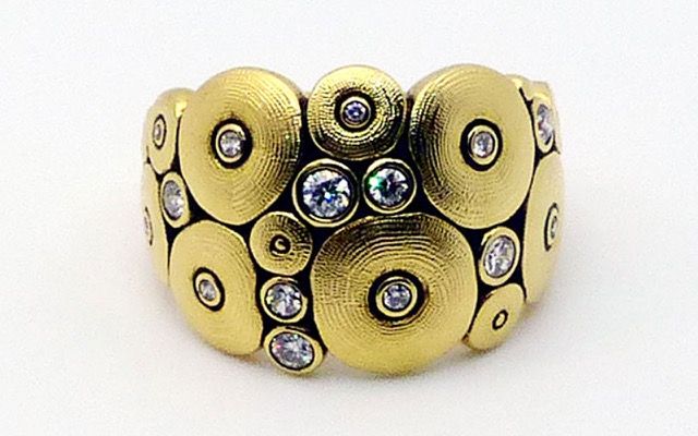 R-111D
“Orchard” diamond ring in 18K yellow gold with 15 diamonds totaling 0.51 ct. 
Available for immediate delivery in finger size 6 ¾.
$4,980
