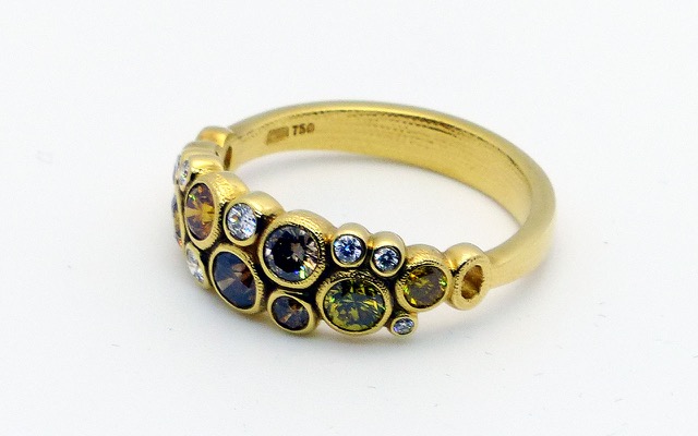 R-113DC
Natural color and white diamond ring in 18K yellow gold with 8 natural color diamonds totaling 0.98 ct. and 7 white diamonds totaling 0.12 ct. 
Available for immediate delivery in finger size 7.
$8,035
