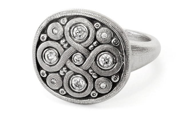 R-161PD
“Celtic Spring” diamond ring in platinum with 9 diamonds totaling 0.25 ct.  Available for immediate delivery in finger size 6 ½.
$5,040
