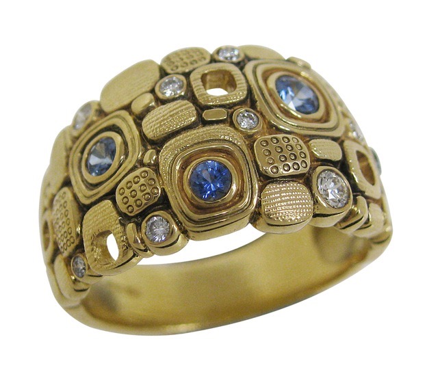 R101S
18K yellow gold, sapphire and diamond “Little Windows” dome ring, 9 white diamonds totaling 0.14 ct and 4 sapphires totaling approximately 0.27 ct.
Available by special order, sizes up to 8 ¾ $3,665, sizes 9-12 $4,085.

