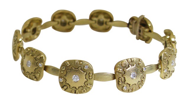 #B-41D
“Submarine” bracelet, 18KY, .75 ctw Diamonds (F-G/VVS), 7.25” long, $13,085.00