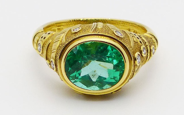 R-152MD
“Sea Grass” beryl ring, 18K yellow gold, 3.40 ct Mint Chrome Beryl, 10 diamonds totaling 0.14 ctw. Available for immediate delivery in finger size 7. 
$9,975

