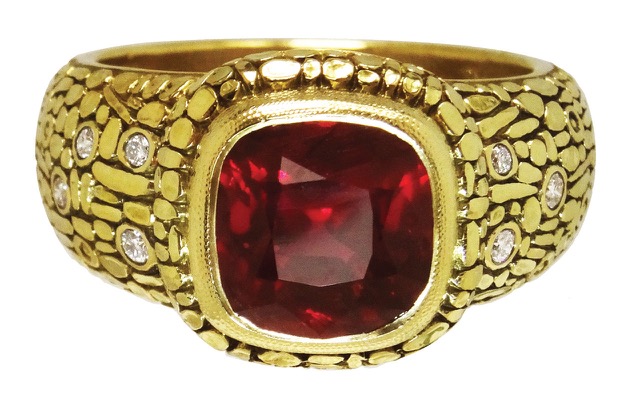 R-171M
“Mosaic” ruby ring, 18K yellow gold, 3.38 ct Ruby (H), 16 diamonds of .10 ctw total. 
Available for immediate delivery in finger size 7.
$28,920 
