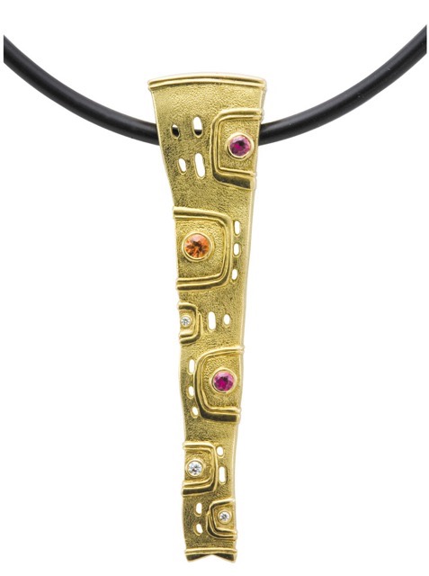 #M-32S
“Ribbon” pendant, 18KY, .10 ctw Sapphires, .02 ctw Diamonds (F-G/VVS) (This item has sold, but can be special ordered.)
