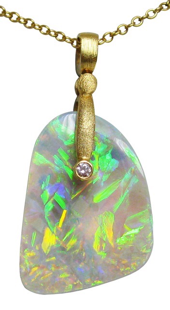 #M-57MD (Sold)
“Sticks & Stones” pendant in 18K yellow gold, featuring a 11.84 ct Australian Lightning Ridge Crystal Opal, and a .008 ct diamond (F-G/VVS)
