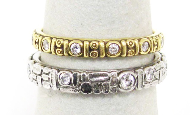 #R73
“Circle” ring, 18KY, diamonds = .16 ctw (F-G/VVS), sz. 6.25, $2,325.00 

#R155PD 
“Mosaic” ring, Platinum, diamonds = .29 ctw (F-G/VVS), 3.3mm, $3,585.00 