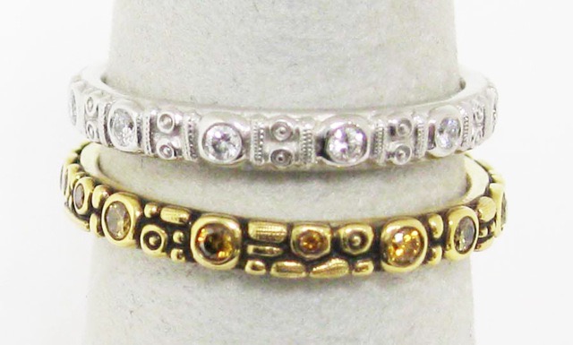 #R73P
“Circle” ring, Platinum, diamonds = .16 ctw (F-G/VVS), 2.5mm, sz. 5.75, $3,290.00 

#R117DC
“Mini 62” ring, 18KY, natural colored diamonds = .23 ctw (F-G/VVS), sz. 6.75, $2,765.00 