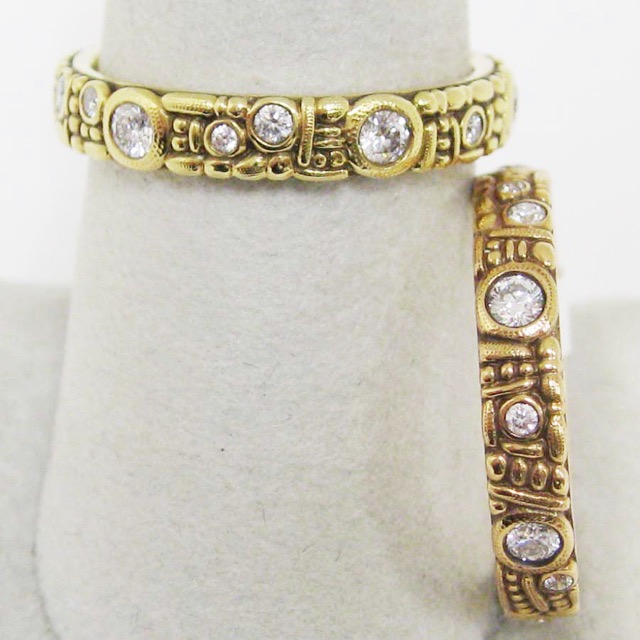 #R62D
18KY, diamonds = .42 ctw (F-G/VVS), 3.5mm, sz. 7.25, $3,780.00 

#R62RD
18KR, diamonds = .42 ctw (F-G/VVS), 3.5mm, sz. 7 $3,780.00 