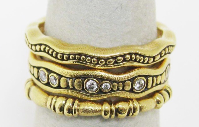 #R43 
“Bubble” ring, 18KY, sz. 7.5, $1,380.00 

#R124
“Stone Path” ring, 18KY, sz. 6.75, $2,850.00 

#R116
“Spindle” ring, 18KY, sz. 7, $990.00 