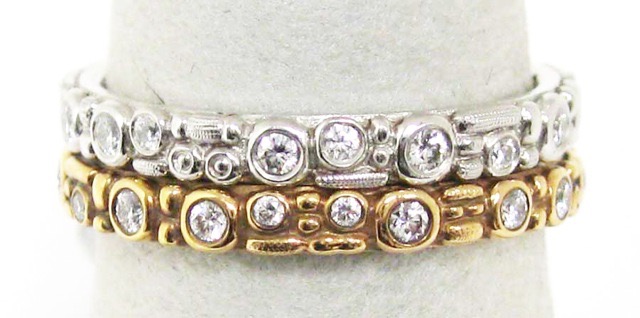 #R117P
“Mini 62”, Platinum, diamonds = .23 ctw (F-G/VVS), sz. 6.75, 2.5mm, $3,340.00 

#R117R 
“Mini 62”, 18KR, diamonds = .23 ctw (F-G/VVS), sz. 6.75, 2.5mm, $2,375.00 
